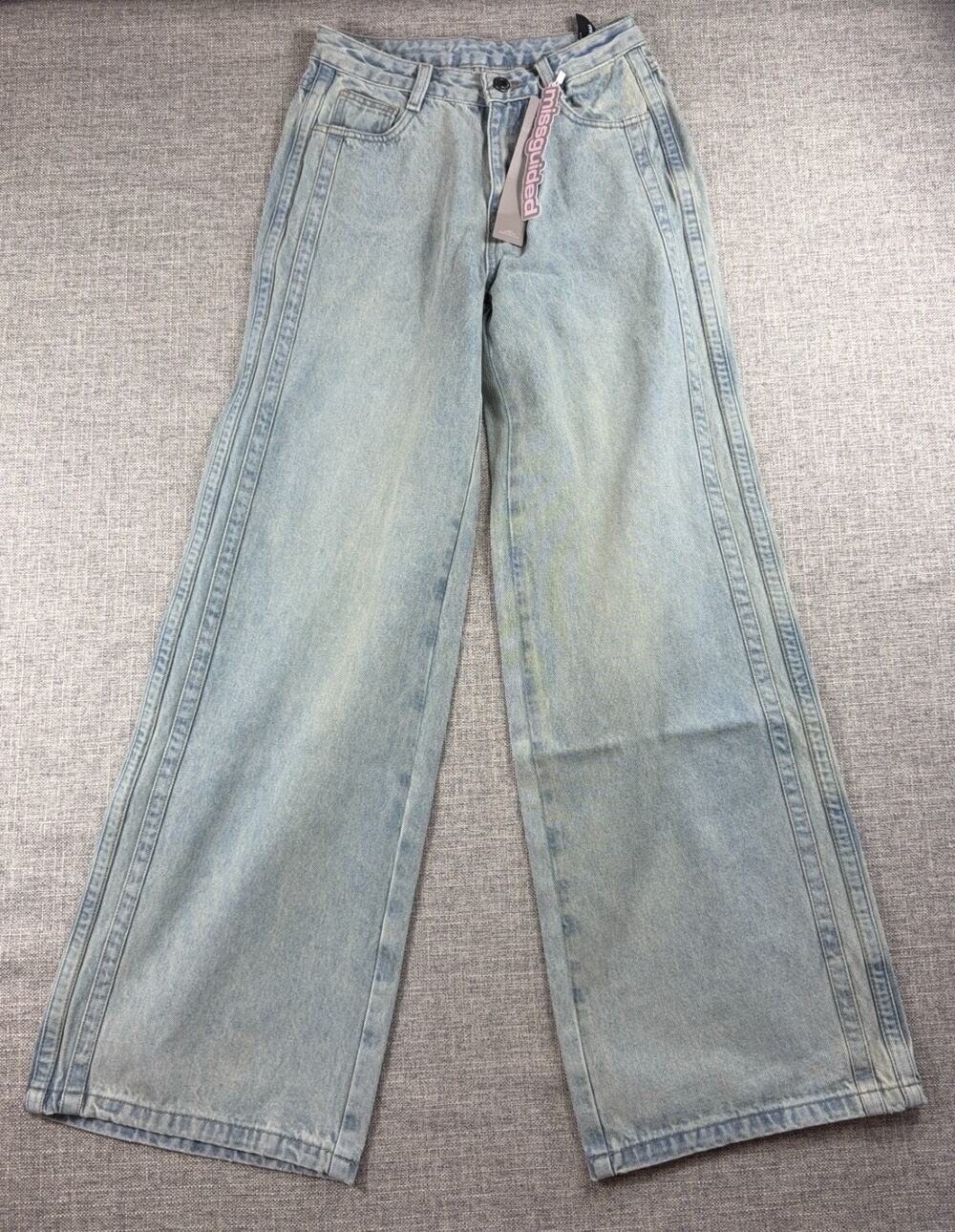 Missguided Women 25 Light Wash High Rise Wide Leg Jeans NWT Panel Detail